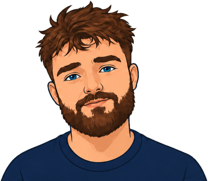 Illustration of Sam: tousled brown hair, blue eyes, a full brown beard and a friendly expression, wearing a navy crew-neck t-shirt.